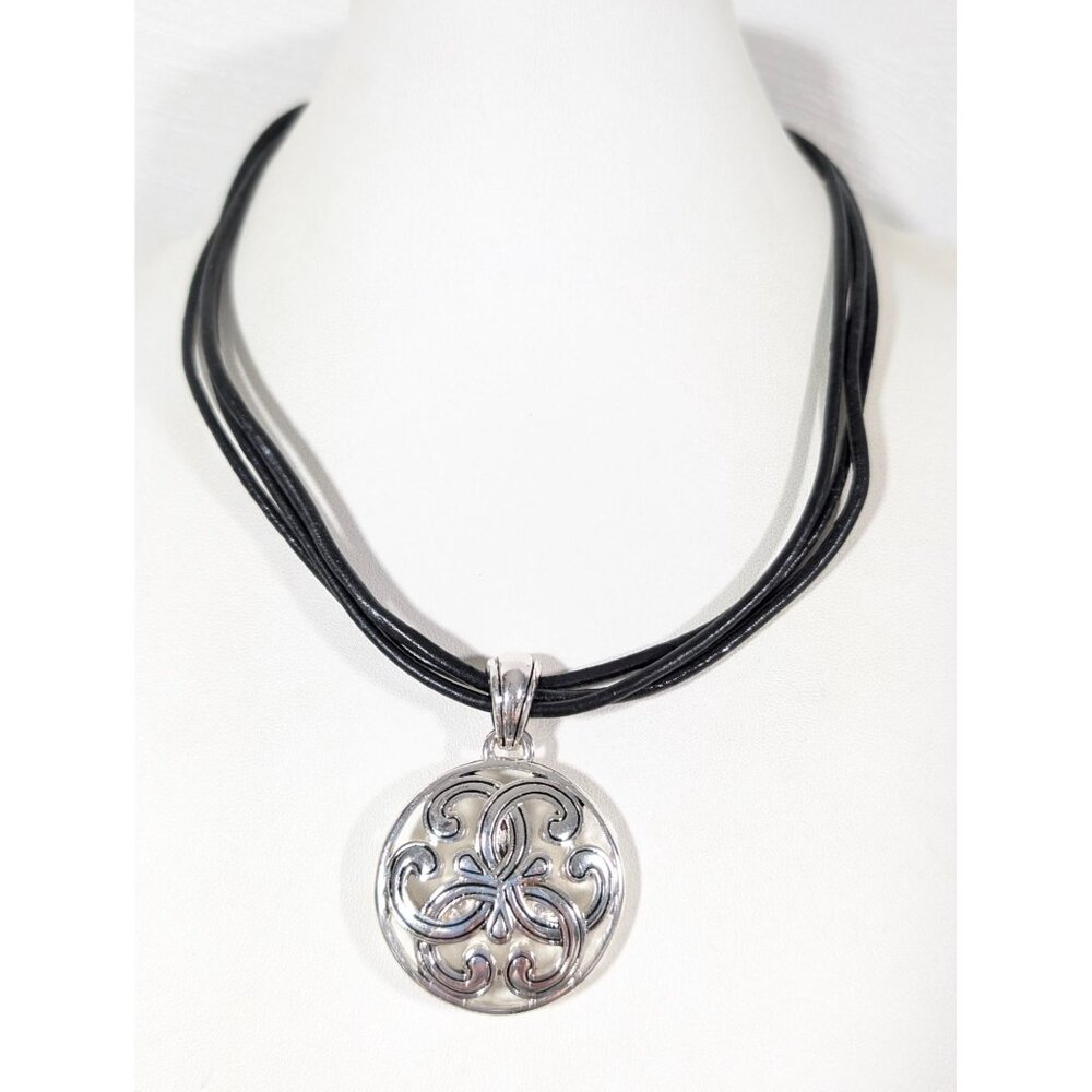 Coastal Chic‎ Black Cord Necklace Silver Tone Medallion Pendant 19"